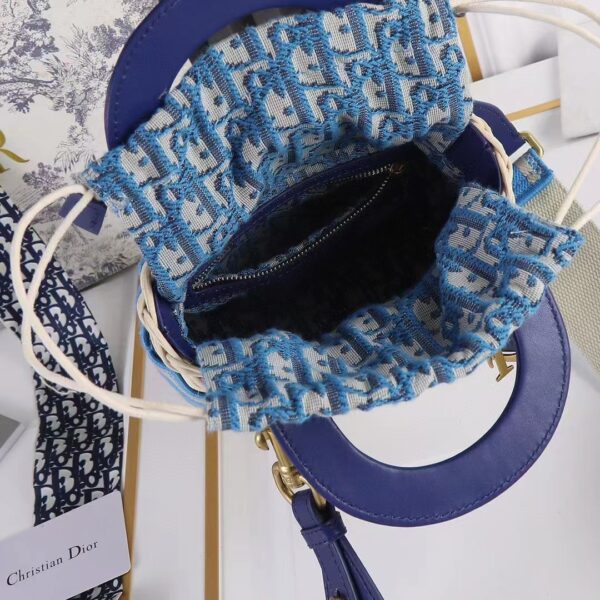 Dior Women CD Mini Lady Dior Handbag Natural Wicker Fluorescent Blue Oblique Jacquard (10)