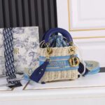 Dior Women CD Mini Lady Dior Handbag Natural Wicker Fluorescent Blue Oblique Jacquard - Imagen 2