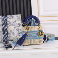 Dior Women CD Mini Lady Dior Handbag Natural Wicker Fluorescent Blue Oblique Jacquard (8)