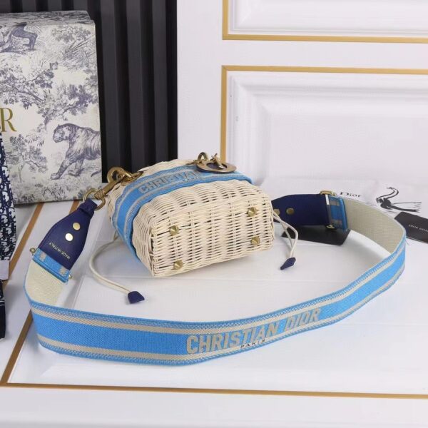 Dior Women CD Mini Lady Dior Handbag Natural Wicker Fluorescent Blue Oblique Jacquard (5)