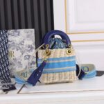Dior Women CD Mini Lady Dior Handbag Natural Wicker Fluorescent Blue Oblique Jacquard - Imagen 3