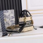 Dior Women CD Mini Lady Dior Handbag Natural Wicker Navy Blue Oblique Jacquard - Image 4