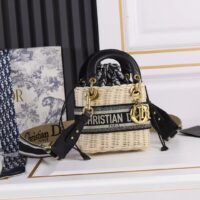 Dior Women CD Mini Lady Dior Handbag Natural Wicker Navy Blue Oblique Jacquard (7)