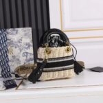 Dior Women CD Mini Lady Dior Handbag Natural Wicker Navy Blue Oblique Jacquard - Image 3