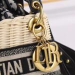 Dior Women CD Mini Lady Dior Handbag Natural Wicker Navy Blue Oblique Jacquard - Image 8