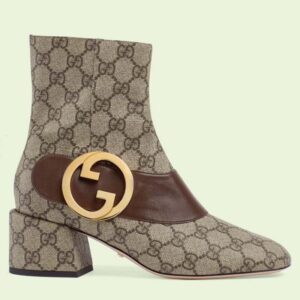 Gucci Blondie Women's Ankle Boot Beige Ebony GG Supreme Canvas Low 5 Cm Heel