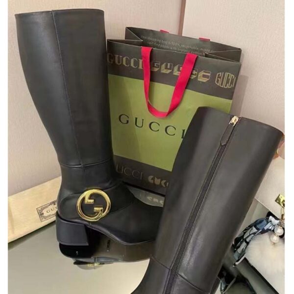 Gucci Blondie Women’s Blondie Boot Black Leather Round Interlocking G Low 5 Cm Heel (10)