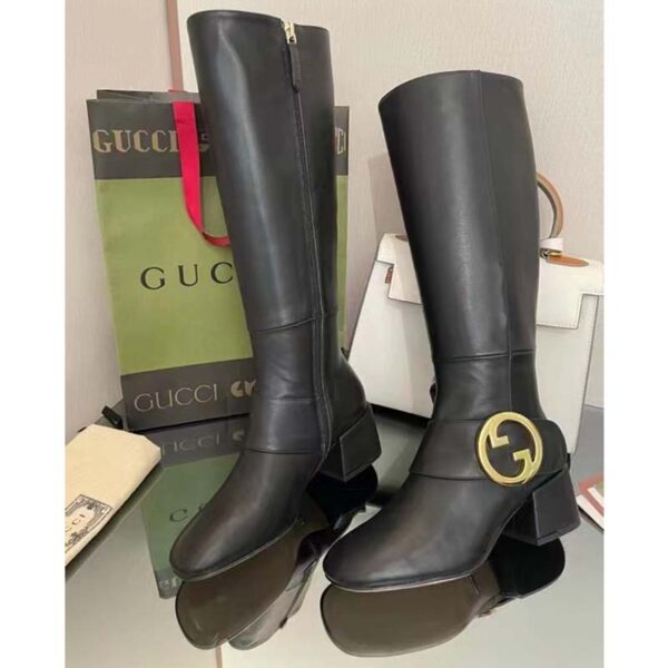 Gucci Blondie Women’s Blondie Boot Black Leather Round Interlocking G Low 5 Cm Heel (2)
