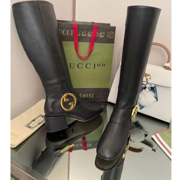 Gucci Blondie Women’s Blondie Boot Black Leather Round Interlocking G Low 5 Cm Heel (6)