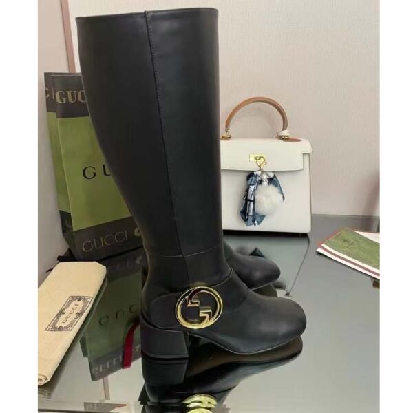 Gucci Blondie Women’s Blondie Boot Black Leather Round Interlocking G Low 5 Cm Heel (7)