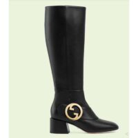 Gucci Blondie Women’s Blondie Boot Black Leather Round Interlocking G Low 5 Cm Heel (9)