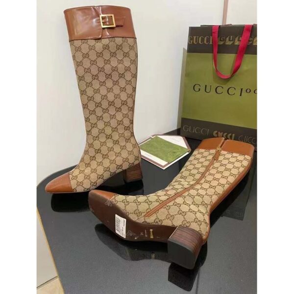 Gucci Blondie Women’s GG Knee-High Boot Beige Ebony Canvas Cuir Leather Low 5 Cm Heel (1)
