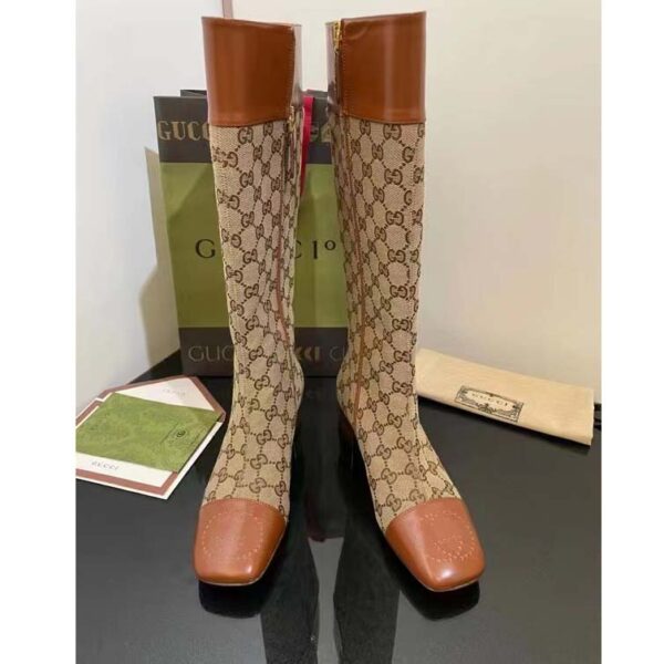 Gucci Blondie Women’s GG Knee-High Boot Beige Ebony Canvas Cuir Leather Low 5 Cm Heel (10)