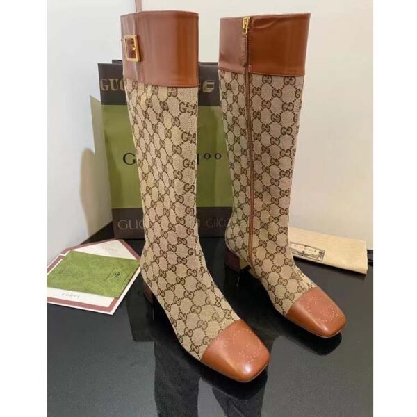 Gucci Blondie Women’s GG Knee-High Boot Beige Ebony Canvas Cuir Leather Low 5 Cm Heel (11)