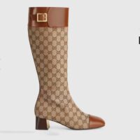 Gucci Blondie Women's GG Knee-High Boot Beige Ebony Canvas Cuir Leather Low 5 Cm Heel