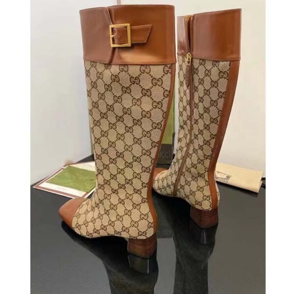 Gucci Blondie Women’s GG Knee-High Boot Beige Ebony Canvas Cuir Leather Low 5 Cm Heel (4)