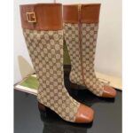 Gucci Blondie Women's GG Knee-High Boot Beige Ebony Canvas Cuir Leather Low 5 Cm Heel – Image 2
