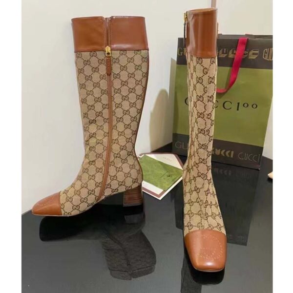 Gucci Blondie Women’s GG Knee-High Boot Beige Ebony Canvas Cuir Leather Low 5 Cm Heel (6)