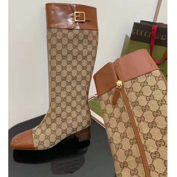 Gucci Blondie Women’s GG Knee-High Boot Beige Ebony Canvas Cuir Leather Low 5 Cm Heel (8)