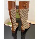 Gucci Blondie Women's GG Knee-High Boot Beige Ebony Canvas Cuir Leather Low 5 Cm Heel – Image 6
