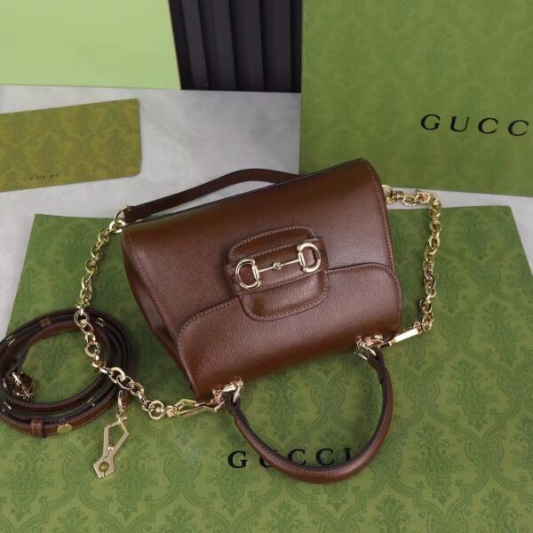 Gucci GG Women Horsebit 1955 Top Handle Bag Light Brown Leather Mini Size (6)