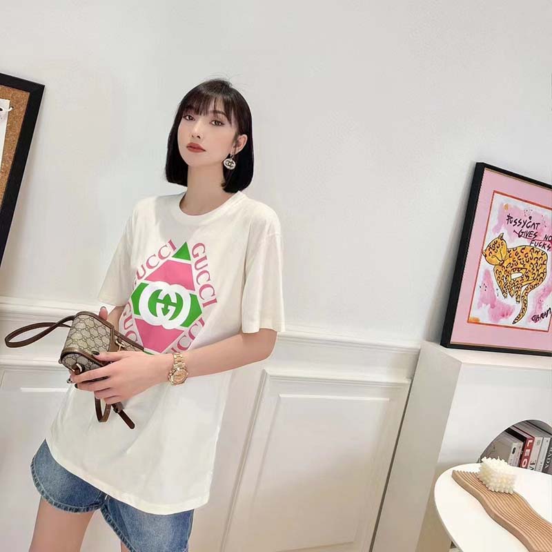 Gucci GG Women Vintage Logo Print T-Shirt Off White Cotton Jersey Crewneck Short Sleeves