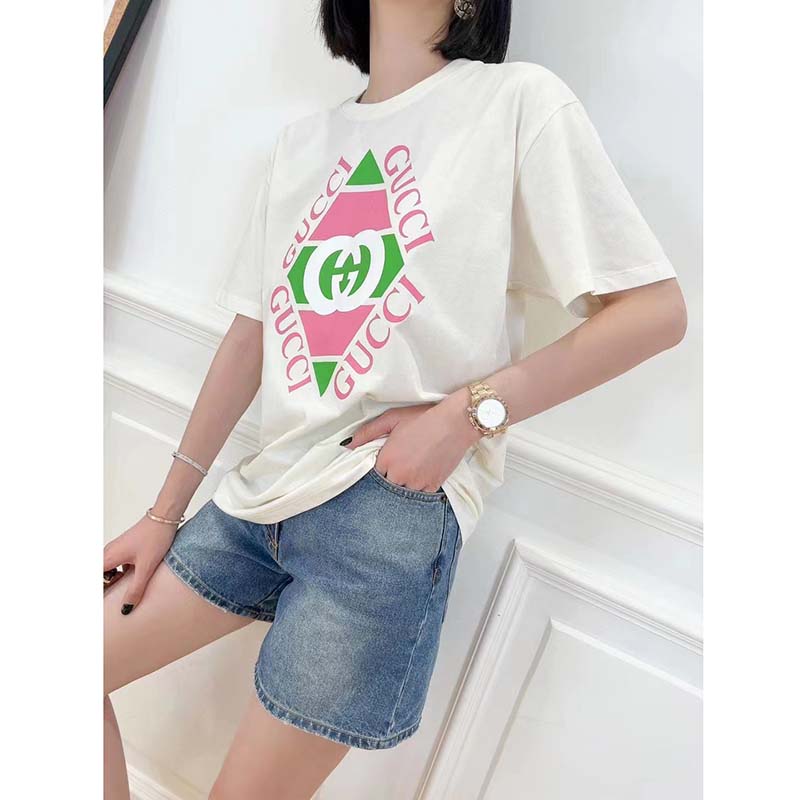 Gucci GG Women Vintage Logo Print T-Shirt Off White Cotton Jersey Crewneck Short Sleeves