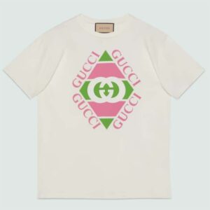 Gucci GG Women Vintage Logo Print T-shirt Off White Cotton Jersey Crewneck Short sleeves
