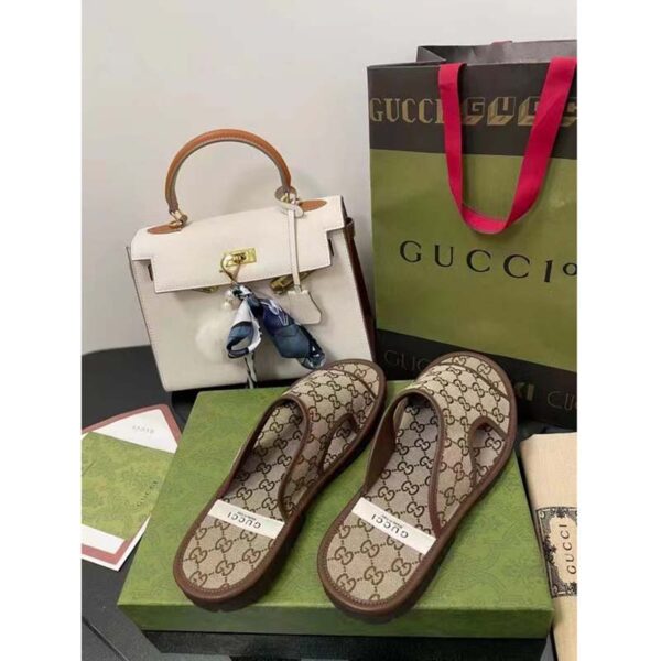 Gucci Unisex GG Supreme Slide Sandal Beige Ebony Canvas Rubber Flat 1 Cm Heel (4)