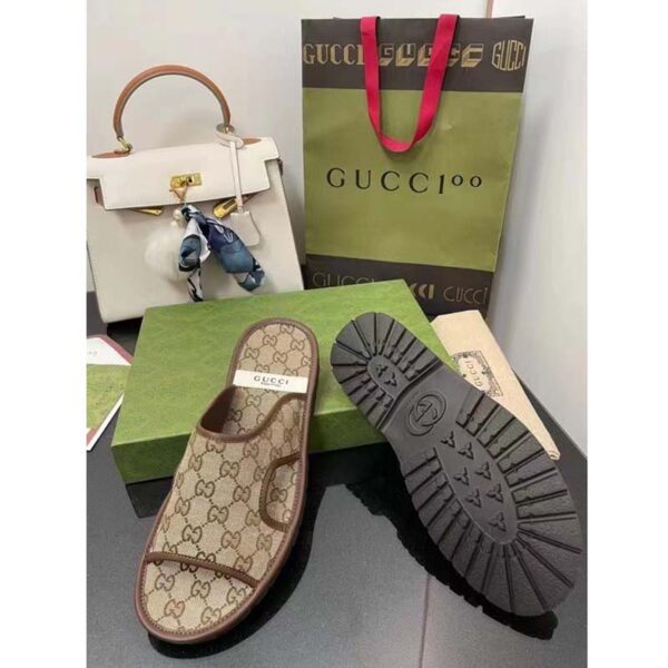 Gucci Unisex GG Supreme Slide Sandal Beige Ebony Canvas Rubber Flat 1 Cm Heel (5)