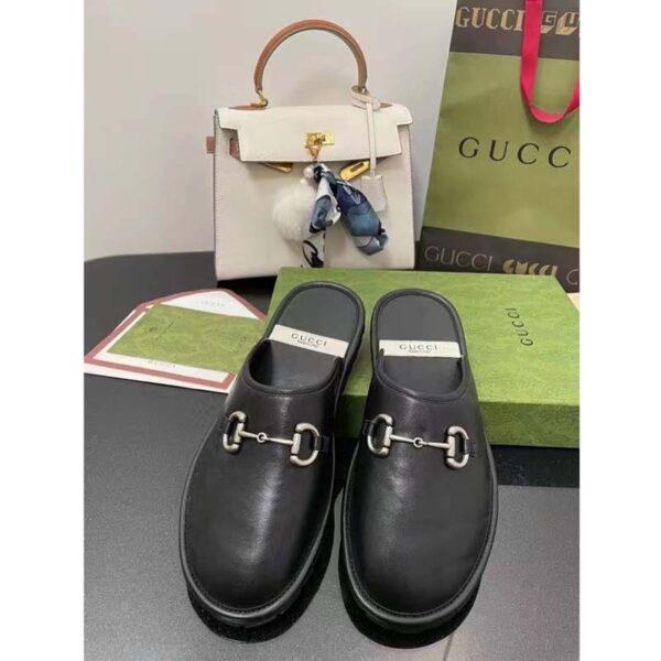 Gucci Unisex Horsebit Slip-On Sandal Black Leather Rubber Sole Flat (1)