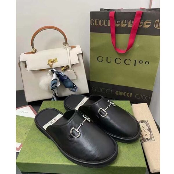 Gucci Unisex Horsebit Slip-On Sandal Black Leather Rubber Sole Flat (2)