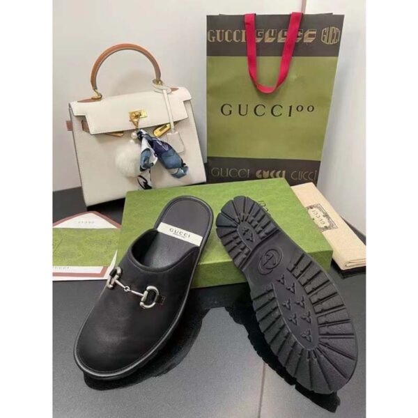 Gucci Unisex Horsebit Slip-On Sandal Black Leather Rubber Sole Flat (3)