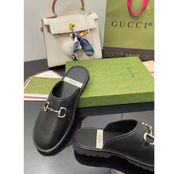 Gucci Unisex Horsebit Slip-On Sandal Black Leather Rubber Sole Flat (4)