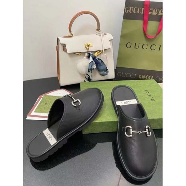 Gucci Unisex Horsebit Slip-On Sandal Black Leather Rubber Sole Flat (6)