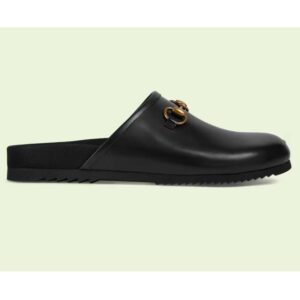 Gucci Unisex Horsebit Slip-On Sandal Black Leather Rubber Sole Flat
