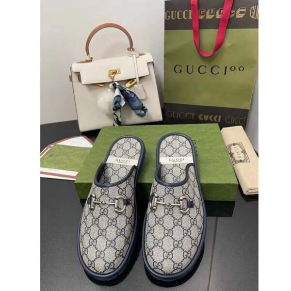 Gucci Unisex Slipper Blue Beige GG Supreme Canvas Rubber Sole Low 1 Cm Heel (10)