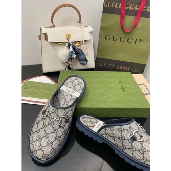 Gucci Unisex Slipper Blue Beige GG Supreme Canvas Rubber Sole Low 1 Cm Heel (9)