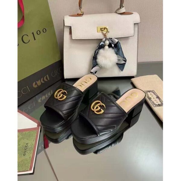 Gucci Women Double G Slide Sandal Black Chevron Matelassé Leather Mid-Heel (10)