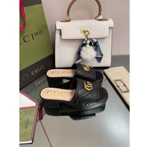 Gucci Women Double G Slide Sandal Black Chevron Matelassé Leather Mid-Heel (2)