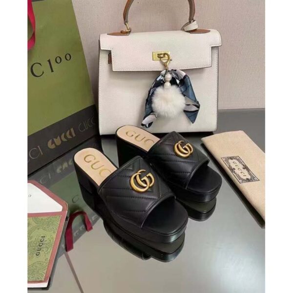 Gucci Women Double G Slide Sandal Black Chevron Matelassé Leather Mid-Heel (3)