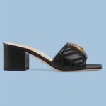 Gucci Women Double G Slide Sandal Black Chevron Matelassé Leather Mid-Heel