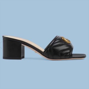 Gucci Women Double G Slide Sandal Black Chevron Matelassé Leather Mid-Heel