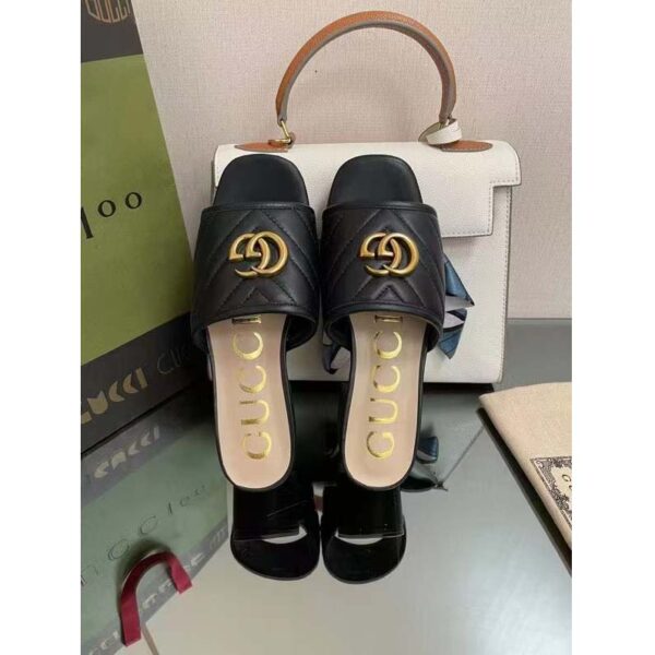 Gucci Women Double G Slide Sandal Black Chevron Matelassé Leather Mid-Heel (5)