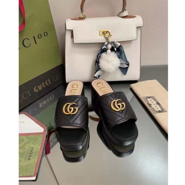 Gucci Women Double G Slide Sandal Black Chevron Matelassé Leather Mid-Heel (6)