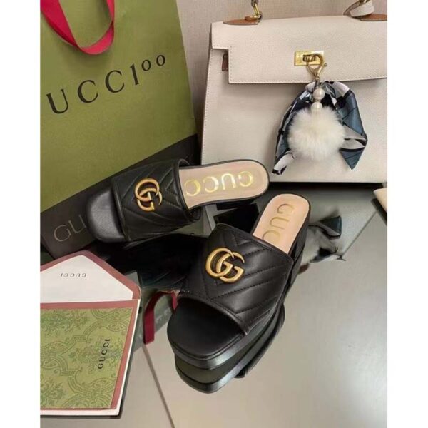 Gucci Women Double G Slide Sandal Black Chevron Matelassé Leather Mid-Heel (8)