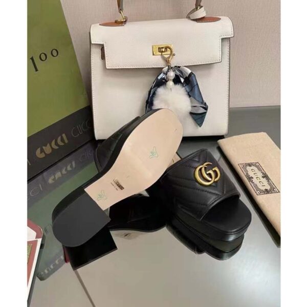 Gucci Women Double G Slide Sandal Black Chevron Matelassé Leather Mid-Heel (9)