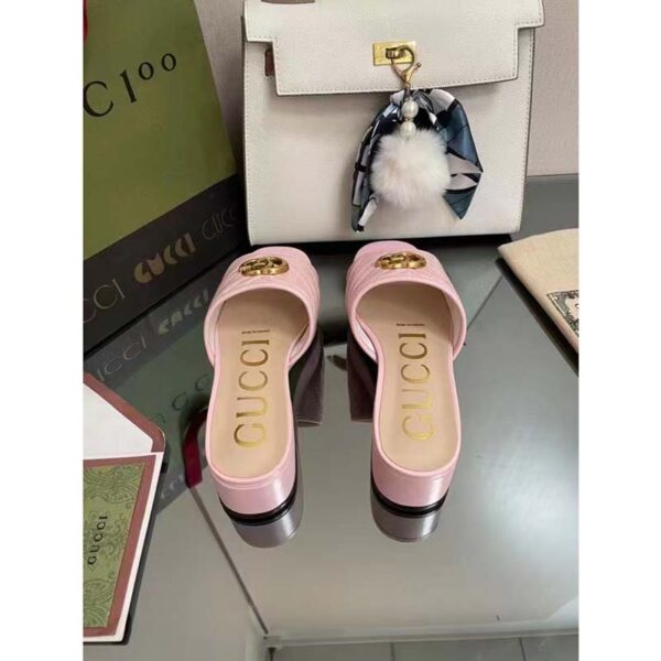 Gucci Women Double G Slide Sandal Rose Pink Chevron Matelassé Leather Mid-Heel (1)