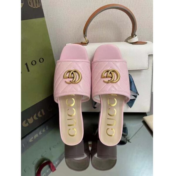 Gucci Women Double G Slide Sandal Rose Pink Chevron Matelassé Leather Mid-Heel (2)