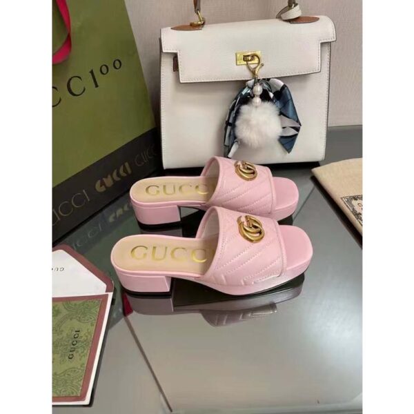 Gucci Women Double G Slide Sandal Rose Pink Chevron Matelassé Leather Mid-Heel (4)